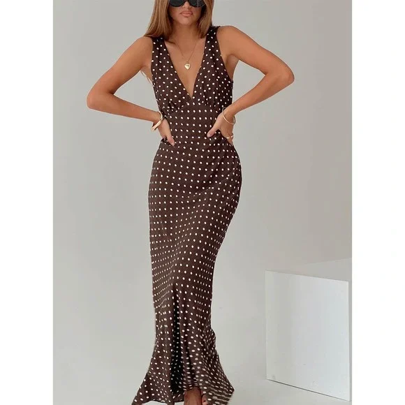 Princess Polly | Dresses | Princess Polly Maxi Dress Brown Polka Dot  Sleeveless V Neck Elegant Party | Poshmark